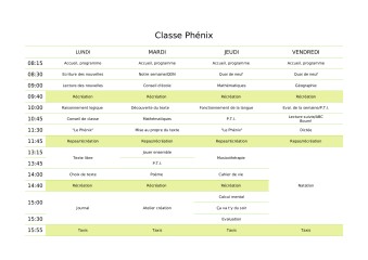 Horaire de la classe Phénix